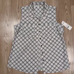 NWT Notations Women's Petite PL Sleeveless Stretchy Blouse Top Crosshatch Design